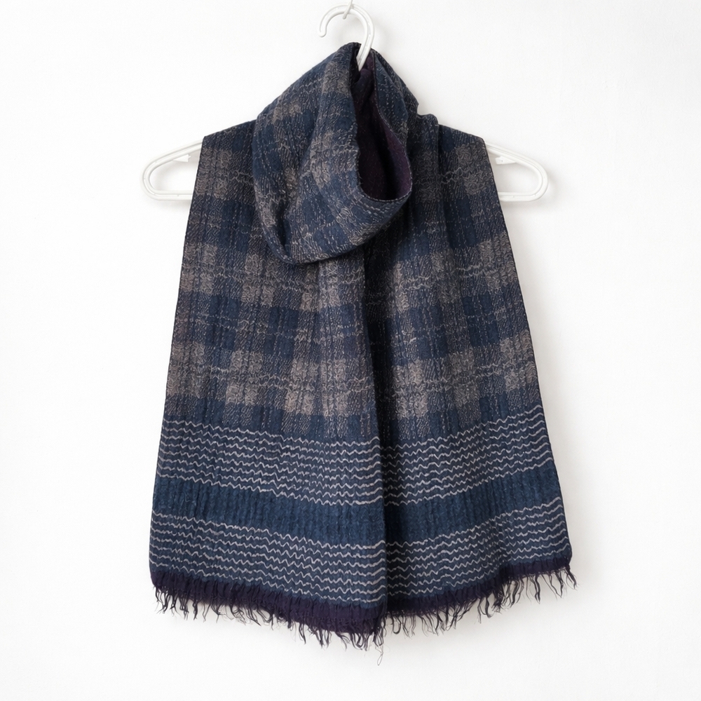 ​Simons Italy Reversible Wool Silk Blend Scarf Plaid Teal Plum Navy Fringe